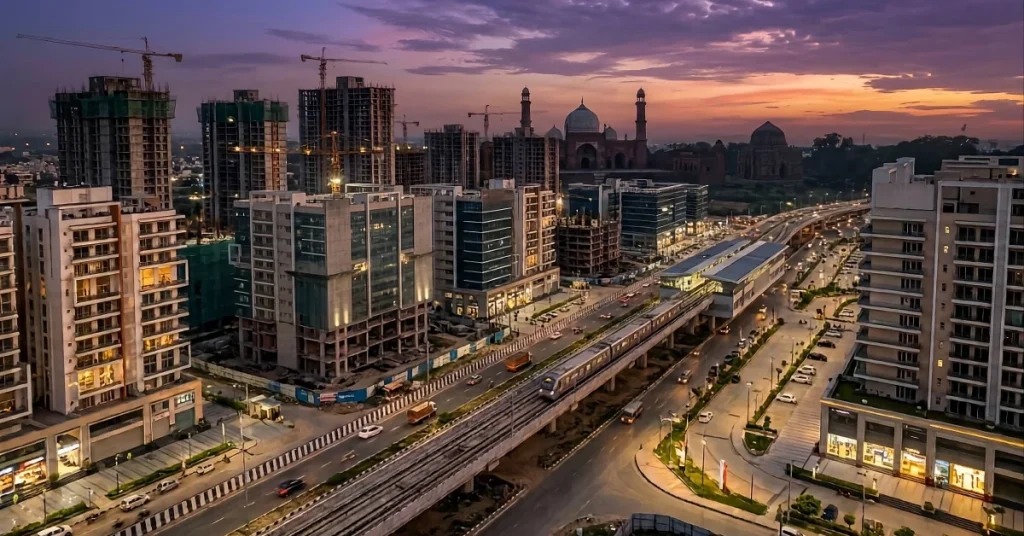An aerial twilight photograph of the changing skyline in Panipat, Haryana, showing modern high-rise residential construction, the upcoming elevated RRTS corridor, and historical Mughal architecture silhouetted in the background.