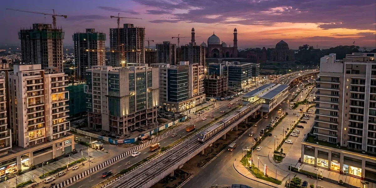 An aerial twilight photograph of the changing skyline in Panipat, Haryana, showing modern high-rise residential construction, the upcoming elevated RRTS corridor, and historical Mughal architecture silhouetted in the background.