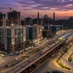 An aerial twilight photograph of the changing skyline in Panipat, Haryana, showing modern high-rise residential construction, the upcoming elevated RRTS corridor, and historical Mughal architecture silhouetted in the background.