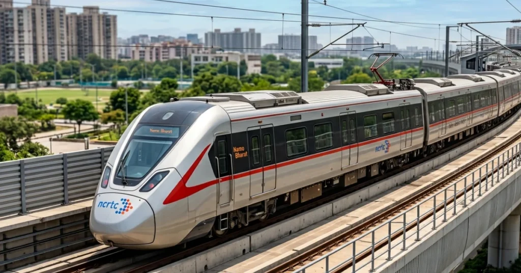 An aerodynamic NCRTC Namo Bharat RRTS train running on an elevated track, representing the future Delhi-Panipat rapid rail connectivity.