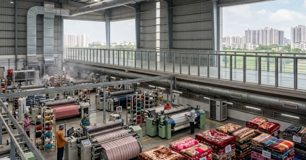 A sprawling interior view of a modern textile factory. In the foreground, industrial weaving machines with blue thread bobbins operate, and multiple workers supervises the processes. Piles of colorful, pattern-designed finished blankets and textiles are stacked in the center-right. A raised mezzanine walkway overlooks the floor, leading to a massive window section that reveals a distant urban city skyline under a blue sky. The space has exposed ductwork and a steel roof structure.